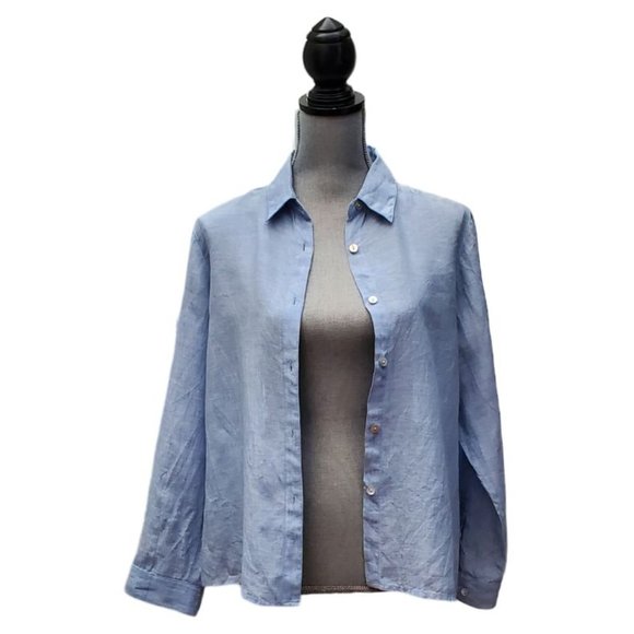 Petite Sophisticate LS Button Up Linen Blouse | NWOT| MP | Chambray Blue - Picture 3 of 14